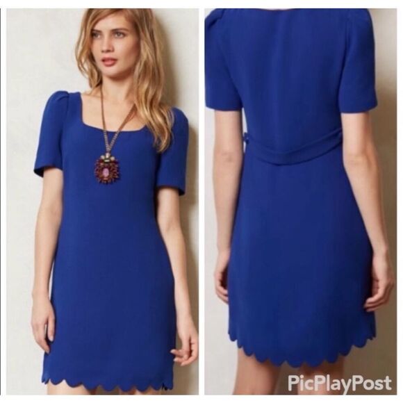 Anthropologie Blue Scalloped Hem Mini Dress‎ Short Puff Sleeve Party - Picture 1 of 12